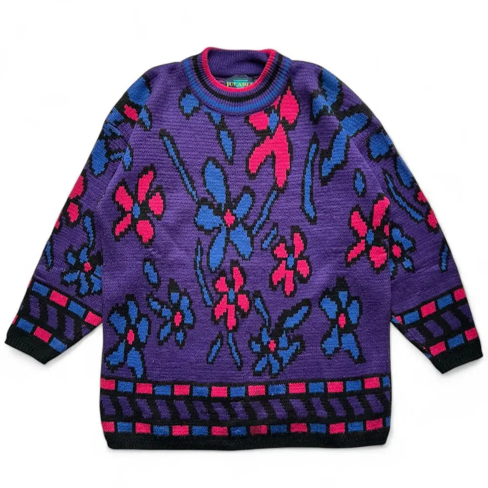 Vintage Abstract Flower Art Pattern Knit Sweater M Contemporary Purple Pink Blue